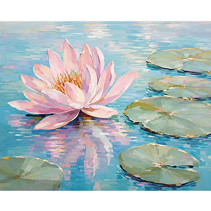 Malen nach Zahlen für Erwachsene Motiv Seerose in Rosa auf türkisfarbenem Wasser, künstlerisches DIY-Set von Picmondoo