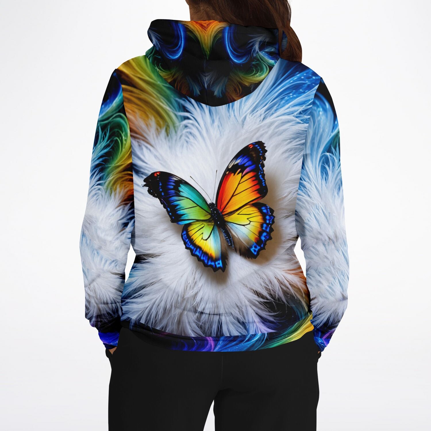 Dreamer Hoodie mit farbenfrohem Schmetterling auf weißem Feder-Motiv, perfekt für Fans von Diamond Painting und Kunst