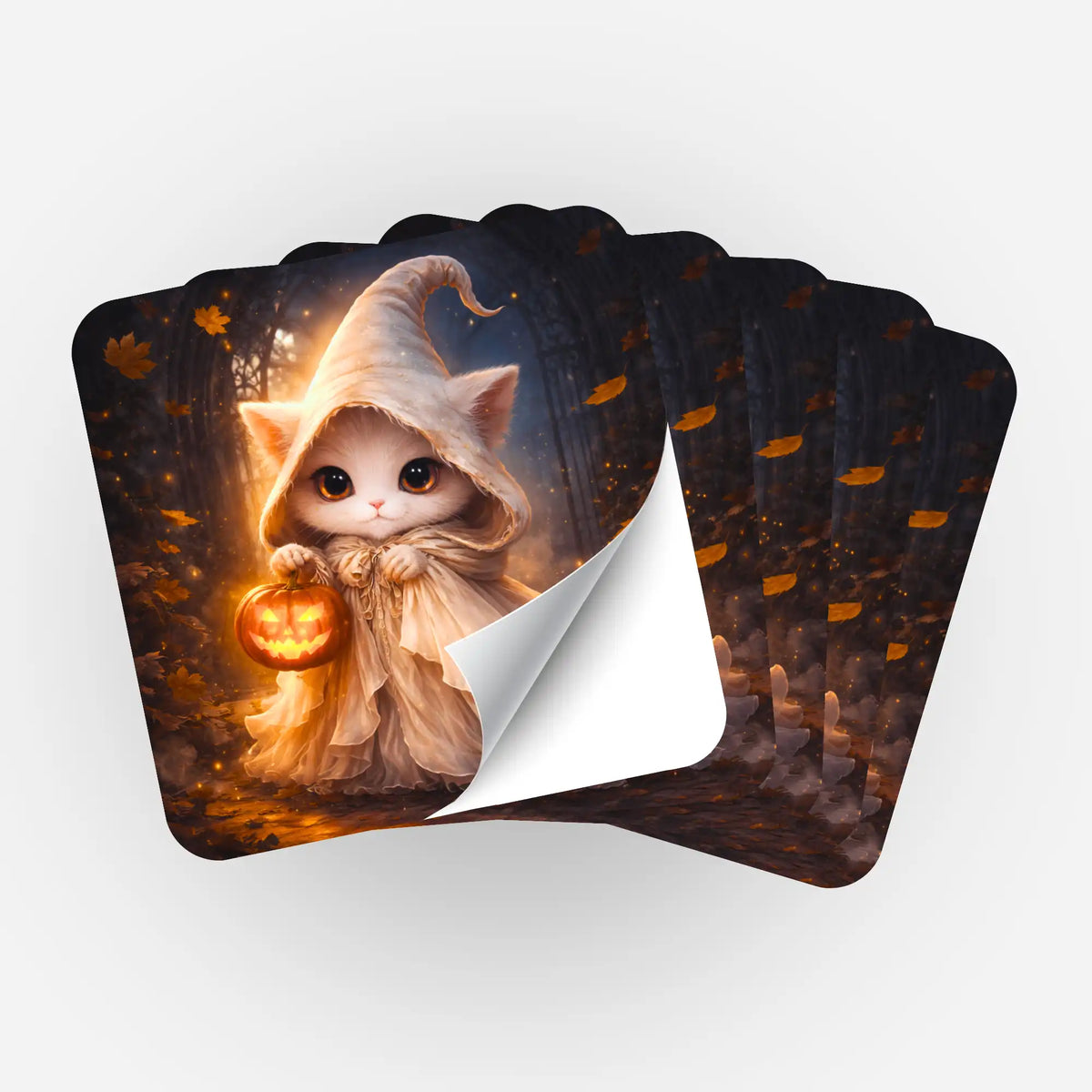 5er-Set Sticker für Diamond Painting und Malen nach Zahlen mit süßer Katze im Hexenkostüm und Halloween-Kürbis