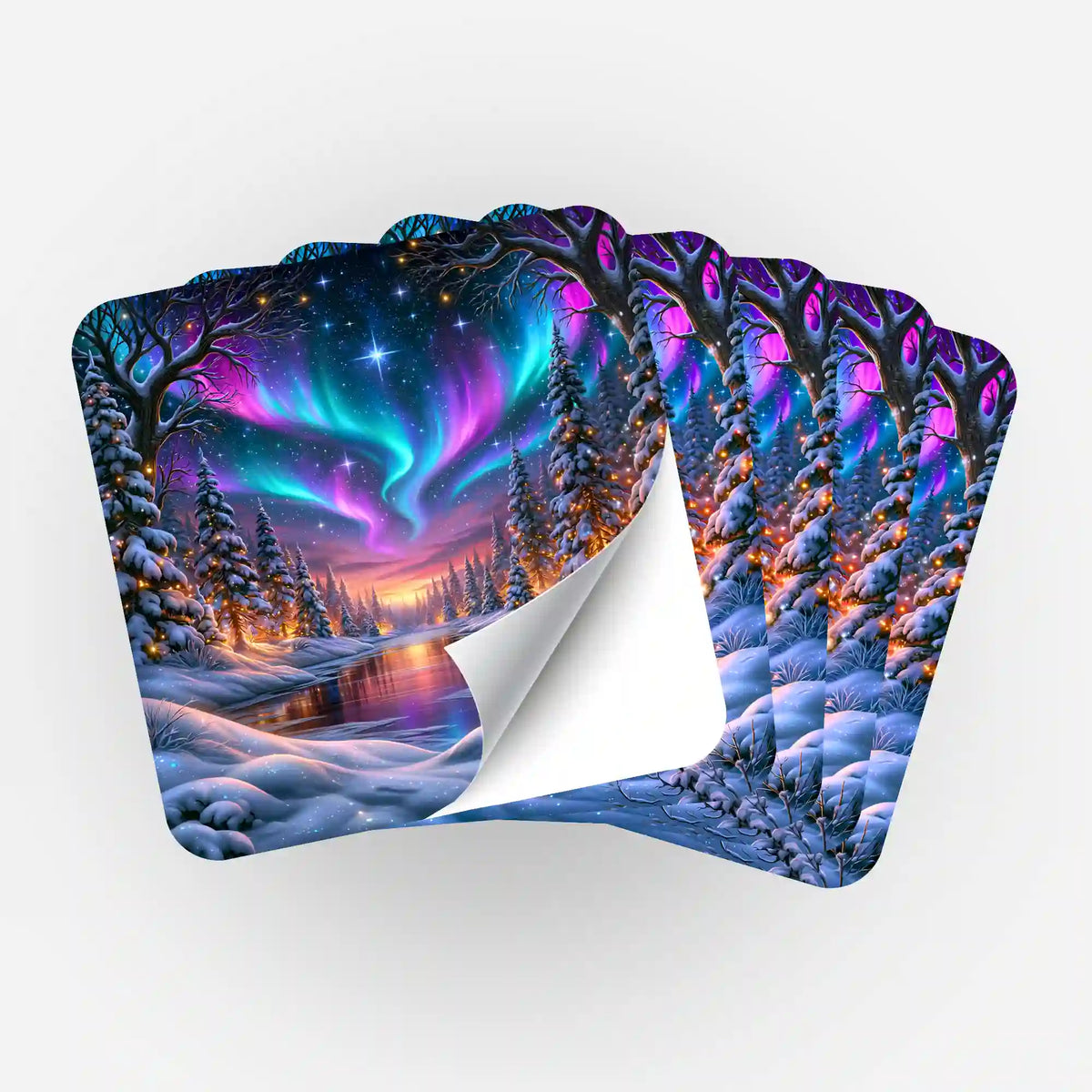 Fünfer-Set Sticker für Diamond Painting und Malen nach Zahlen mit Winterwald-Motiv und leuchtenden Polarlichtern