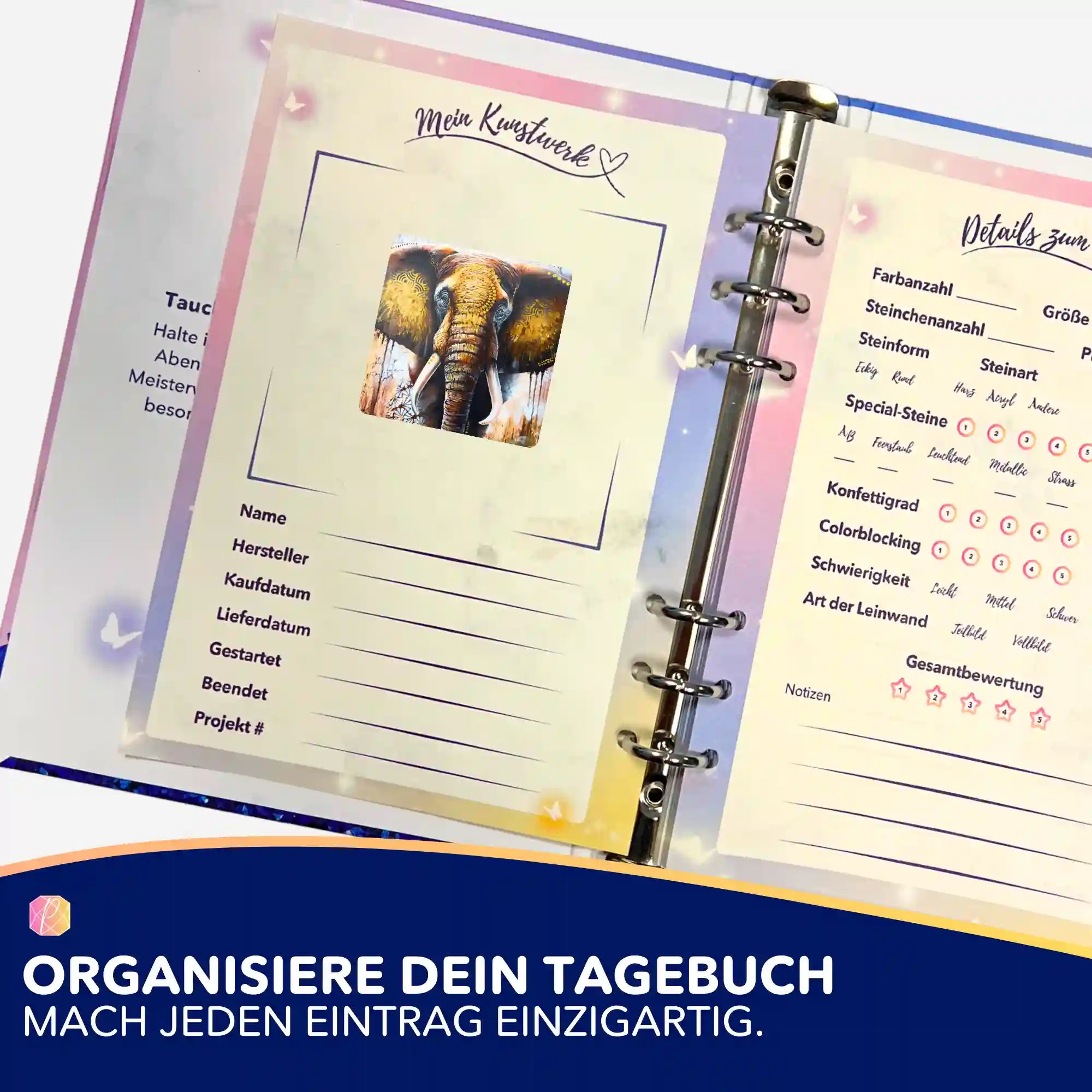 Elefanten-Aufkleber für dein Diamond Painting Logbuch zur Organisation deiner Kunstwerke und Projekte.