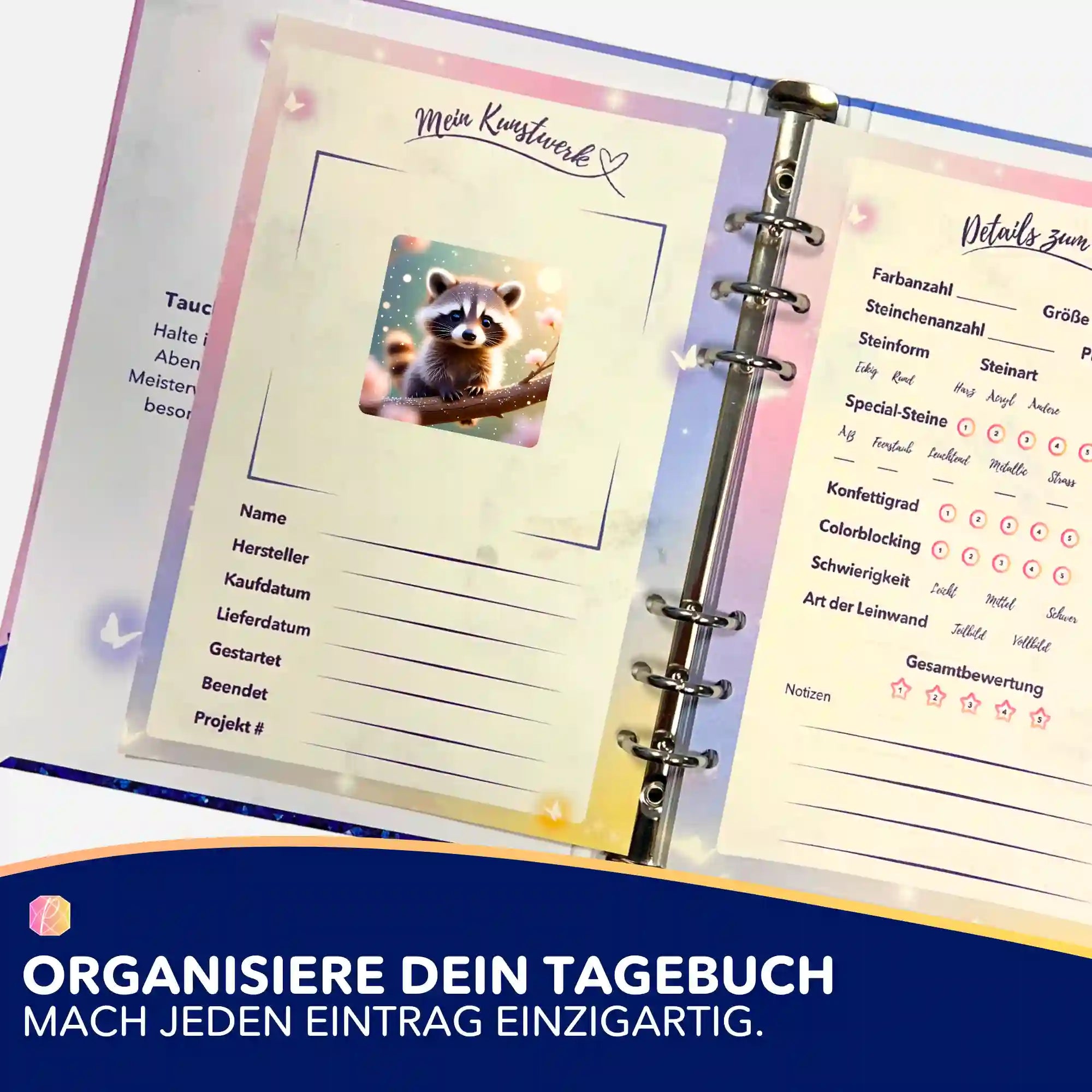 Waschbär-Sticker für Diamond Painting Tagebuch zur Organisation von Projektdetails und Fortschrittsnotizen