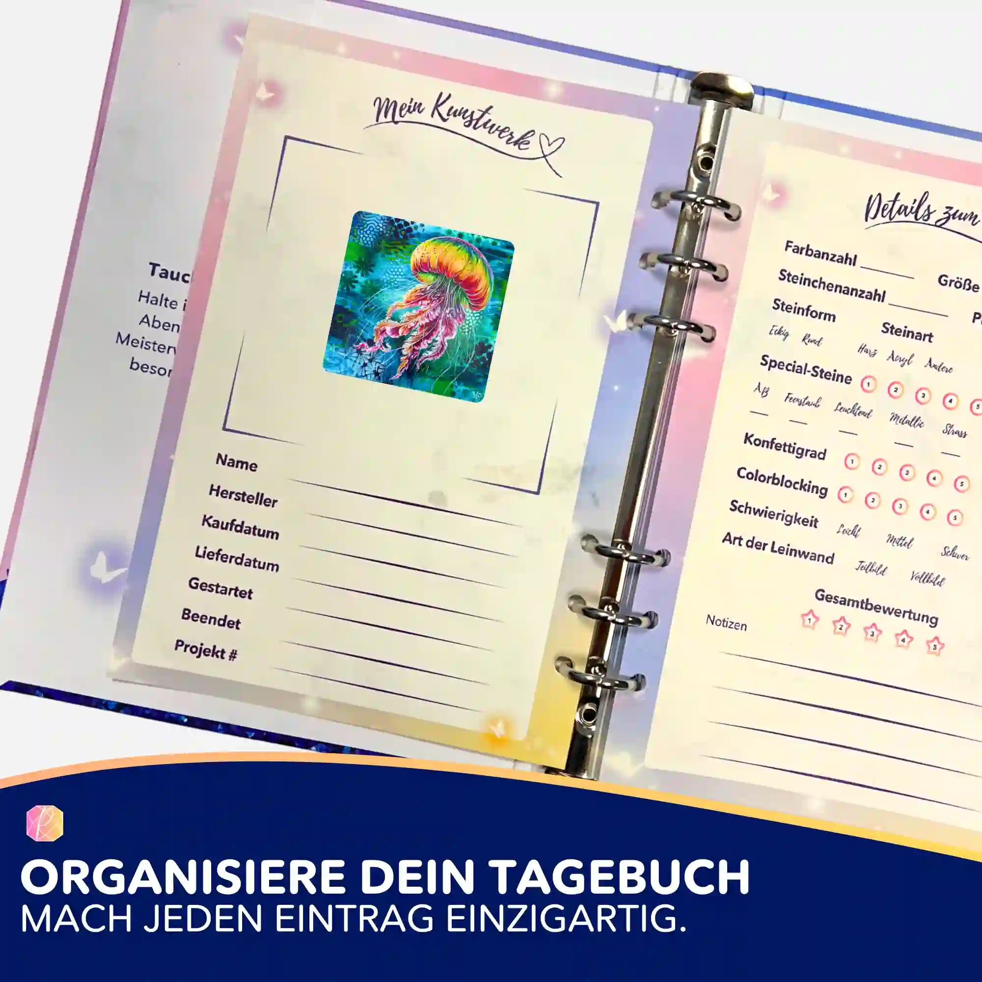 Medusa Solaris Aufkleber in einem Diamond Painting Tagebuch zur Organisation von DIY-Kunstwerken und Diamanten Painting