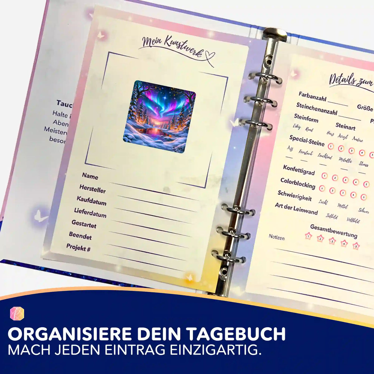 Picmondoo Aufkleber-Set für Diamond Painting Tagebuch mit Nordlicht-Motiv zur Organisation von DIY-Kunstwerken