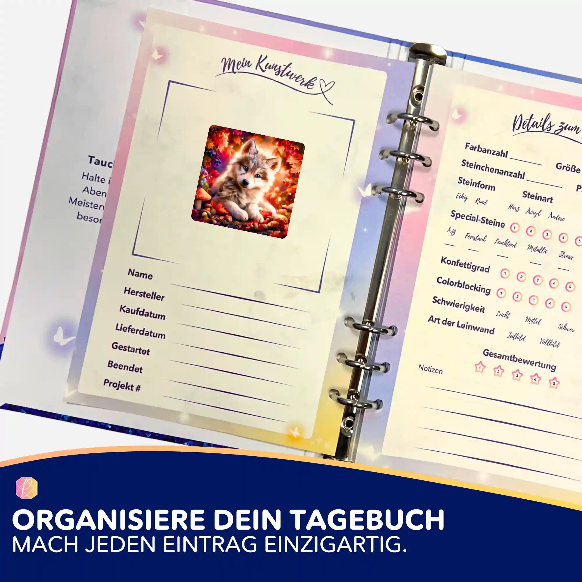 Akiro Diamond Painting Aufkleber in einem Tagebuch zur Organisation von Malen nach Zahlen und Diamanten Painting Projekten.