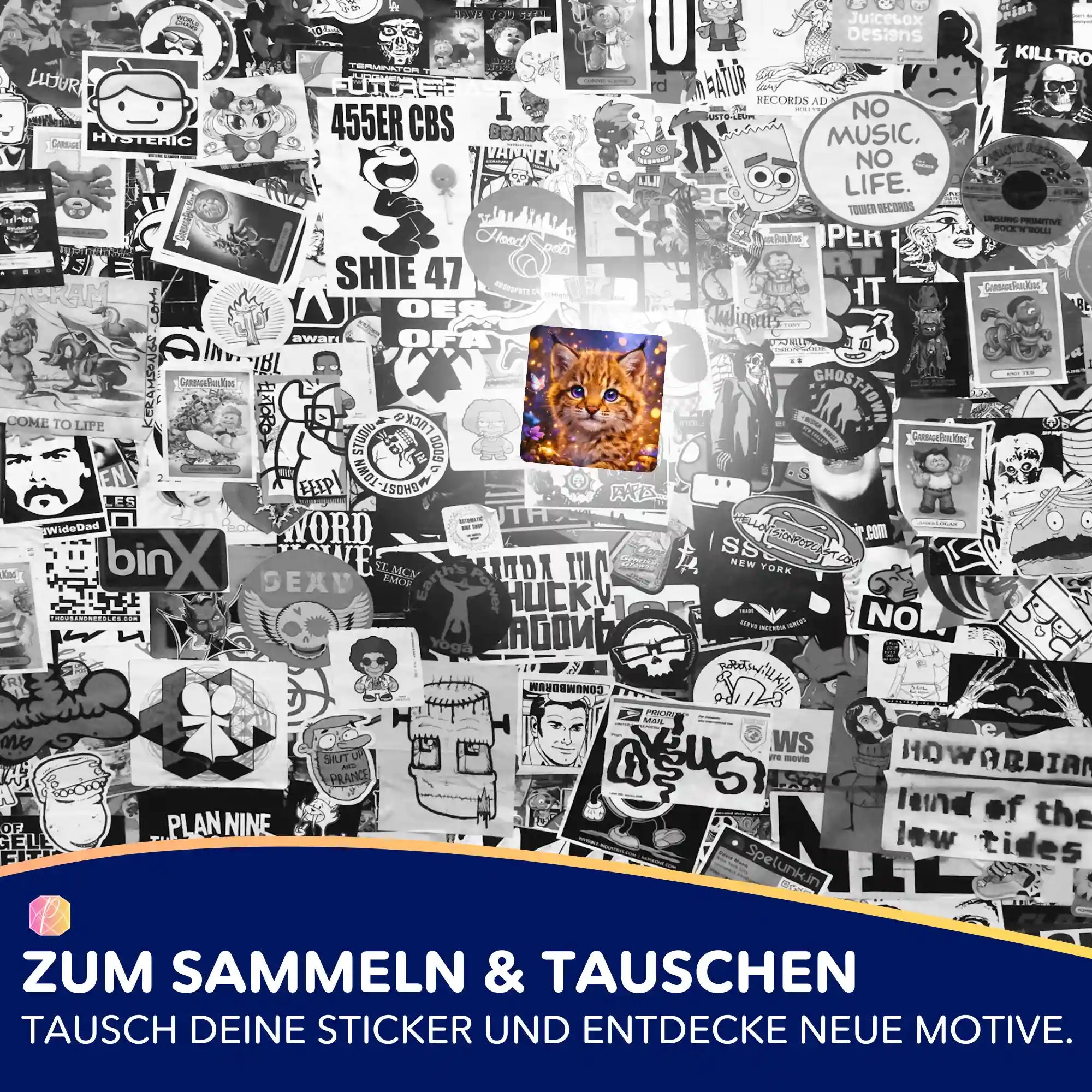 Picmondoo Sticker-Set zum Diamond Painting mit buntem Katzen-Motiv inmitten einer schwarz-weißen Aufkleber-Collage