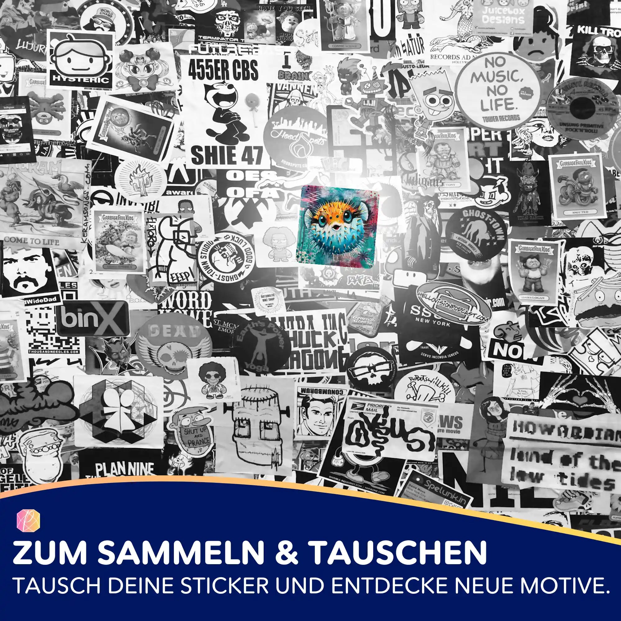 5er-Set Sticker für Diamond Painting und Bastelbedarf mit buntem Kugelfisch-Motiv auf schwarz-weißer Collage