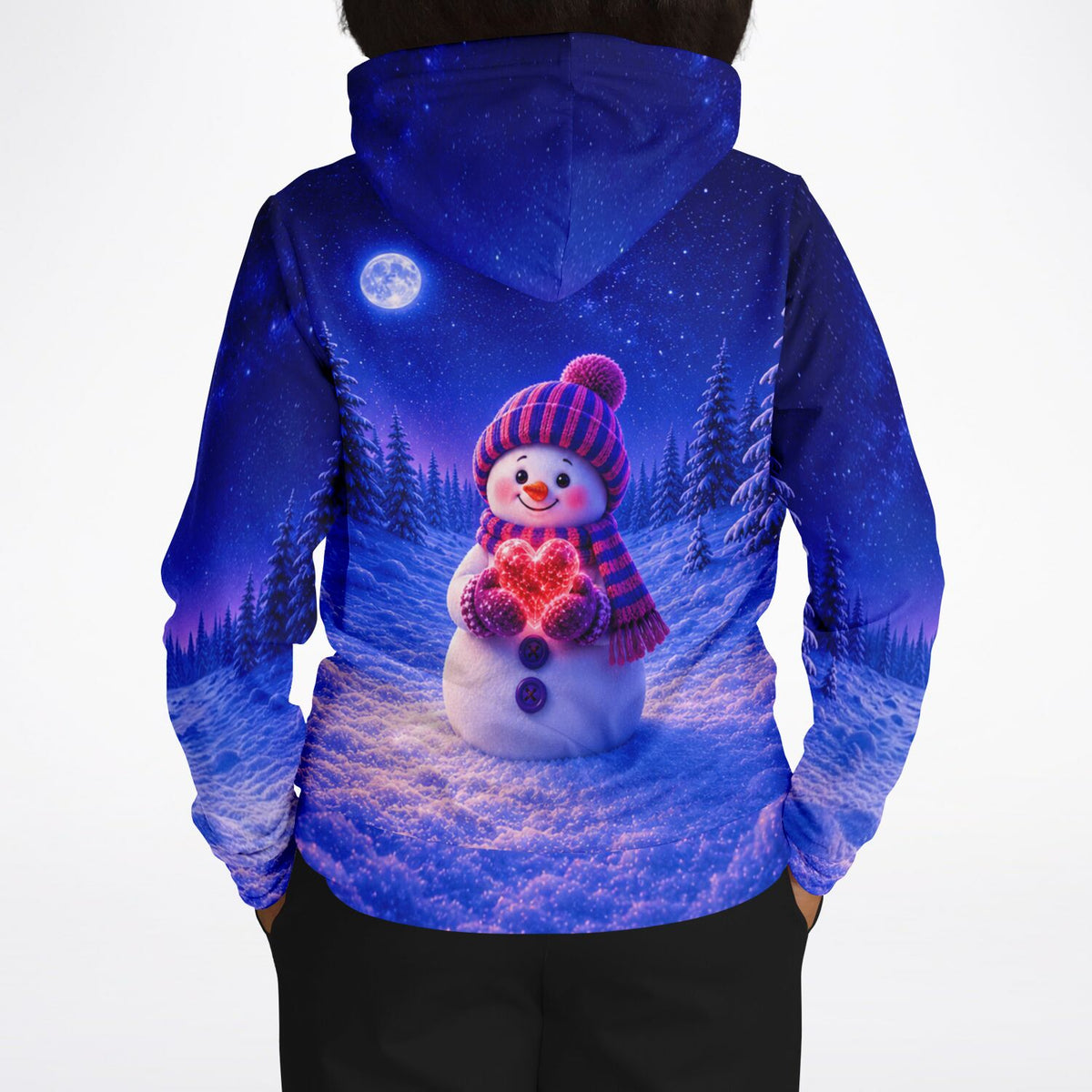 Dreamer Hoodie Winterherz mit Schneemann Motiv in nächtlicher Winterlandschaft, ideal als Vorlage für Diamond Painting