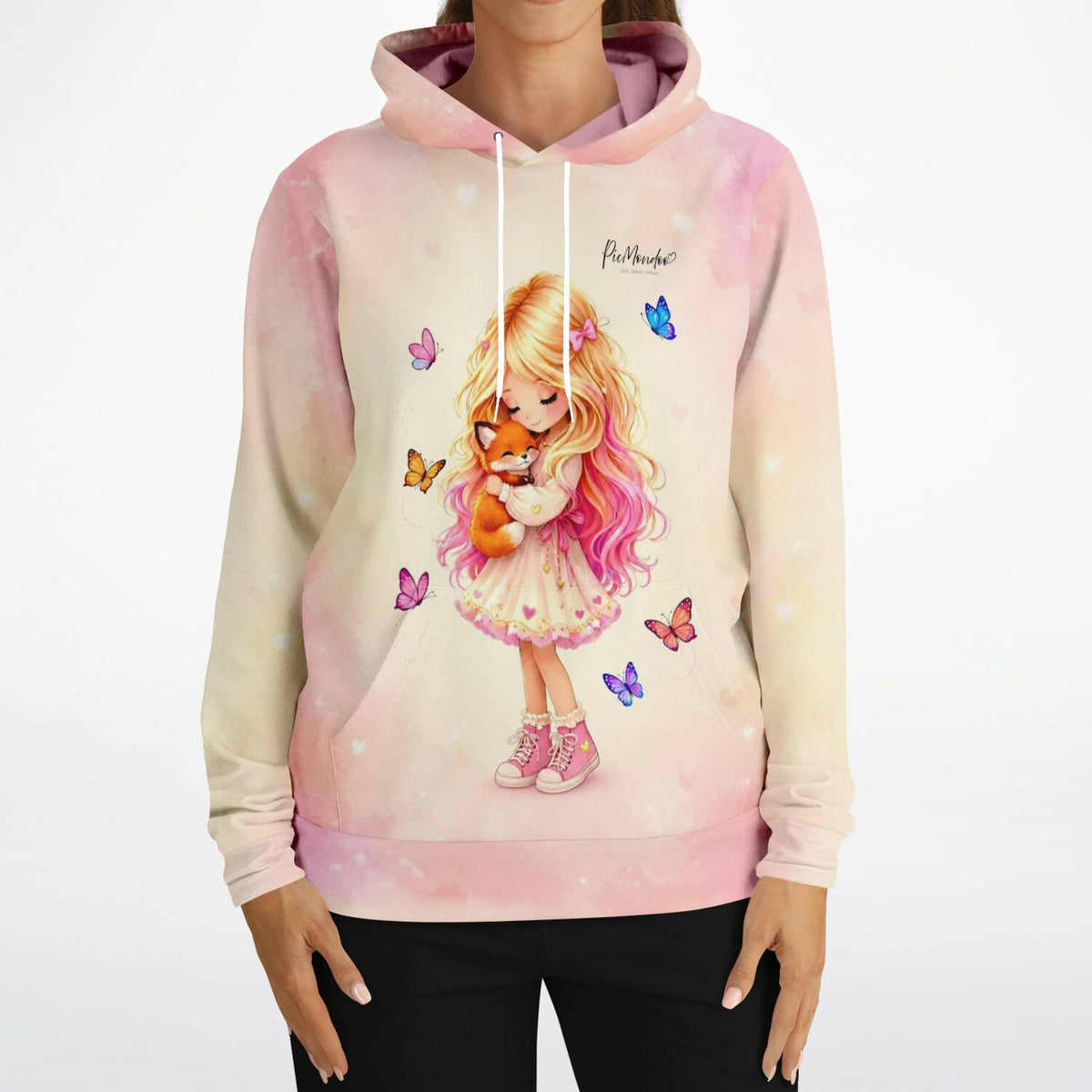 Dreamer Hoodie Geborgenheit mit süßem Mädchen, Fuchs und Schmetterlingen im beliebten Picmondoo Design