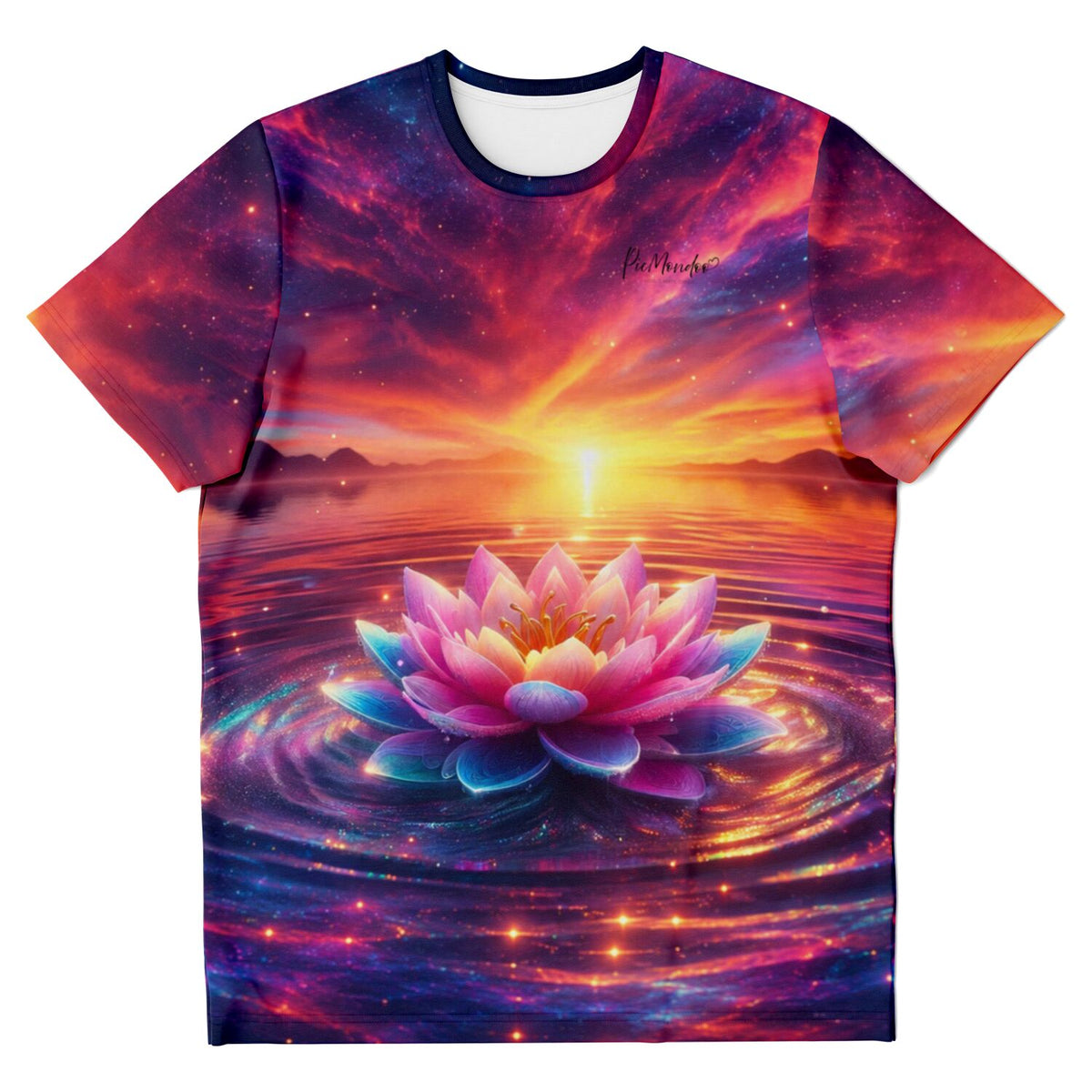 Dreamer T-Shirt mit buntem Lotosblüten-Motiv, inspiriert von Diamond Painting Kunst und magischen Sonnenuntergang-Farben.