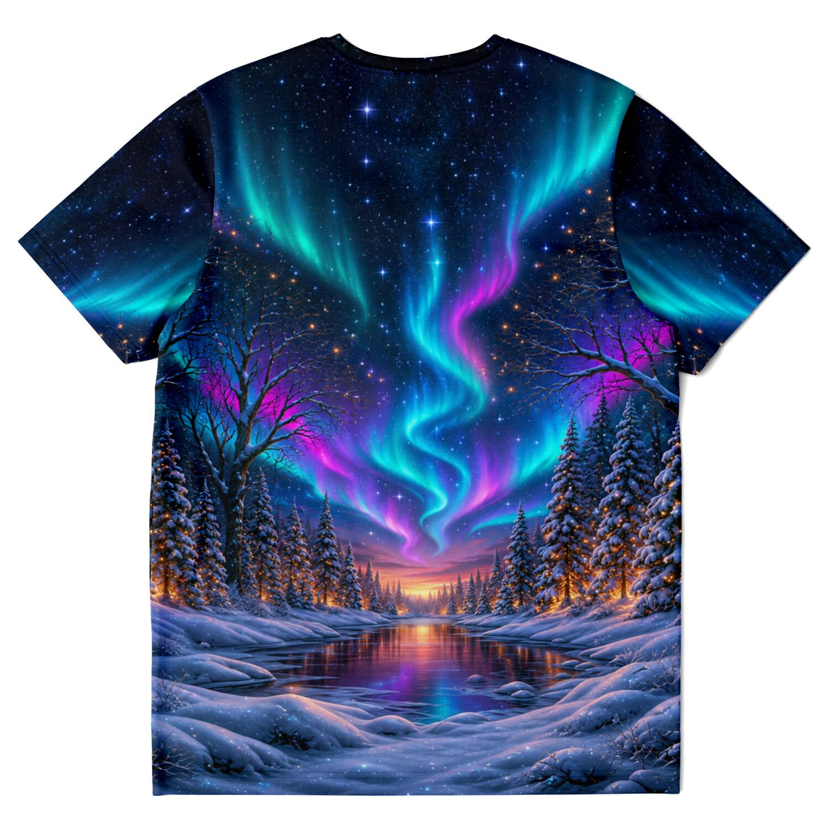 T-Shirt mit Nordlichter-Motiv, verschneiter Winterlandschaft und Sternenhimmel im Stil von Diamond Painting Kunstwerken.
