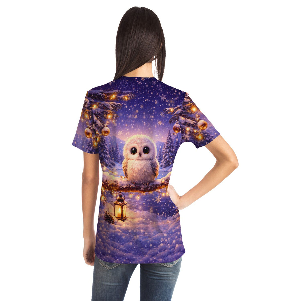 T-Shirt mit Eulen-Motiv im Schnee, wie man es von Malen nach Zahlen oder Diamond Painting Designs kennt