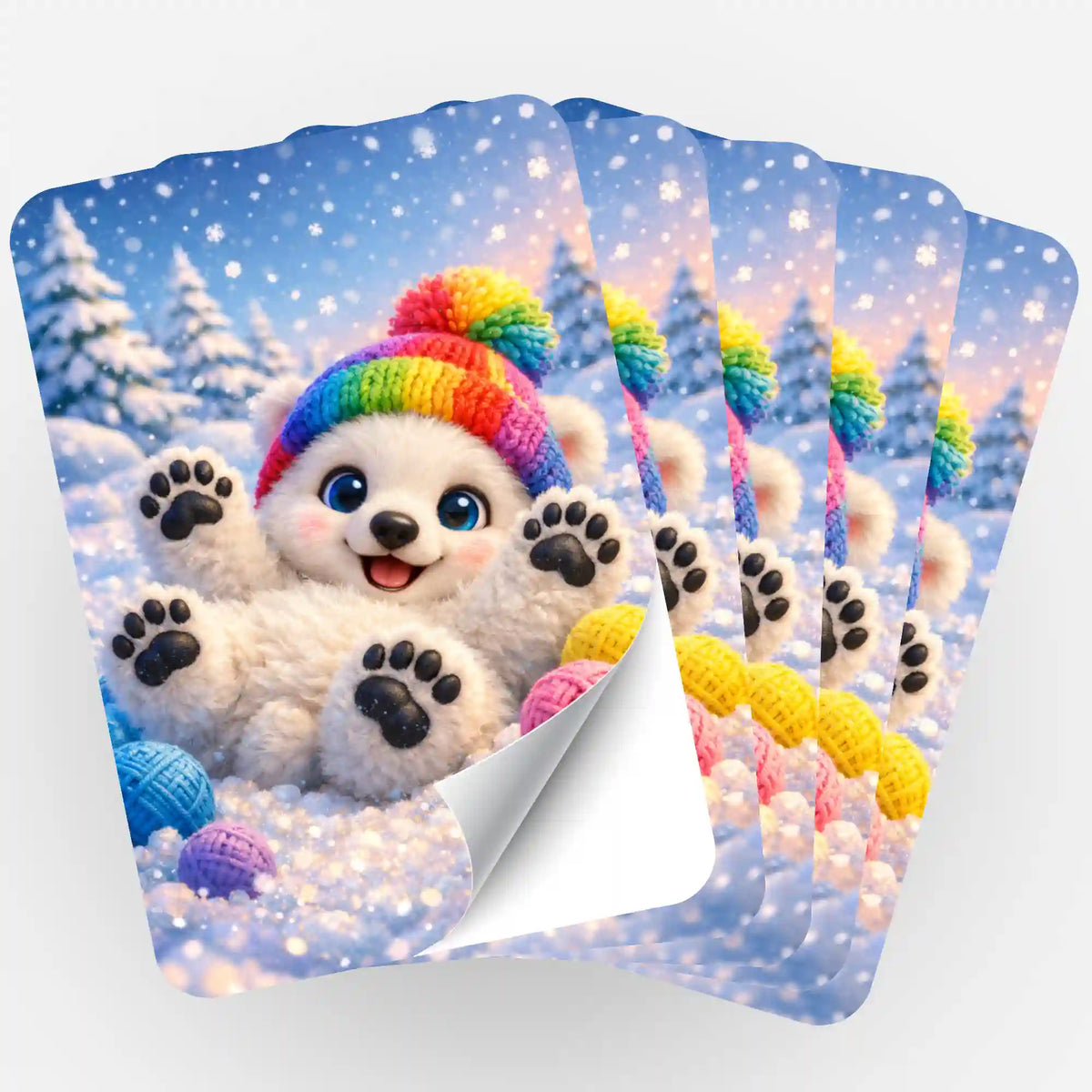 Fünfer-Set Winterfreude Aufkleber mit einem süßen Eisbären und Wollknäuel für dein Diamond Painting Zubehör