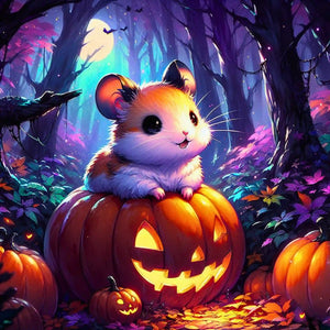 Diamond Painting Set mit süßem Hamster auf einem leuchtenden Halloween Kürbis im magischen Herbstwald bei Nacht