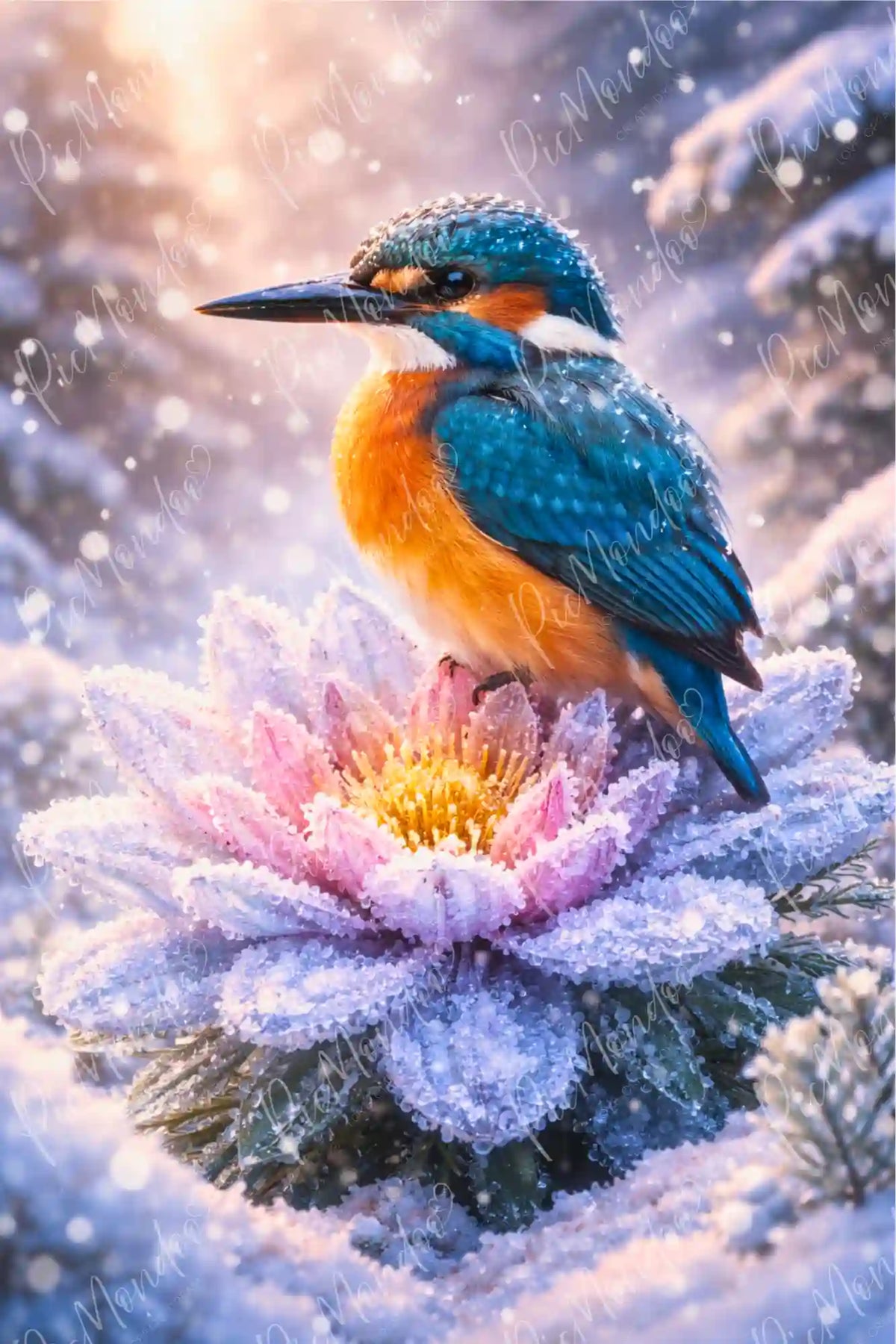Diamond Painting Motiv: Bunter Eisvogel auf einer gefrorenen Blüte im glitzernden Schnee