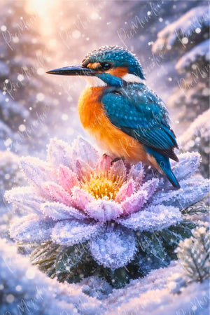 Diamond Painting Motiv: Bunter Eisvogel auf einer gefrorenen Blüte im glitzernden Schnee