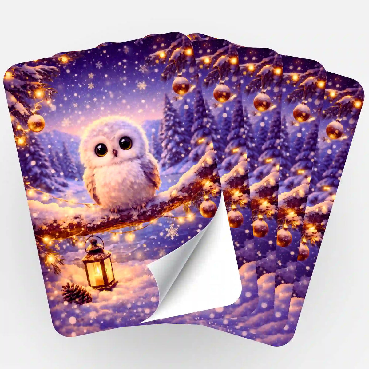 5er-Set Aufkleber für Diamond Painting Zubehör mit süßer Eule im Winterwald und leuchtenden Lichterketten als Motiv