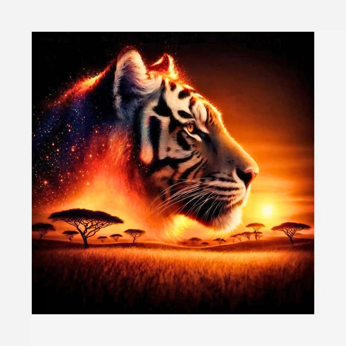 Diamond Painting Motiv: Feuriger Tigerkopf im Sonnenuntergang über der Savanne mit Akazienbäumen.