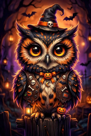 Diamond Painting Set Eule mit Hexenhut und Kürbis-Deko in magischer Halloween-Nachtstimmung auf einem Holzpfosten