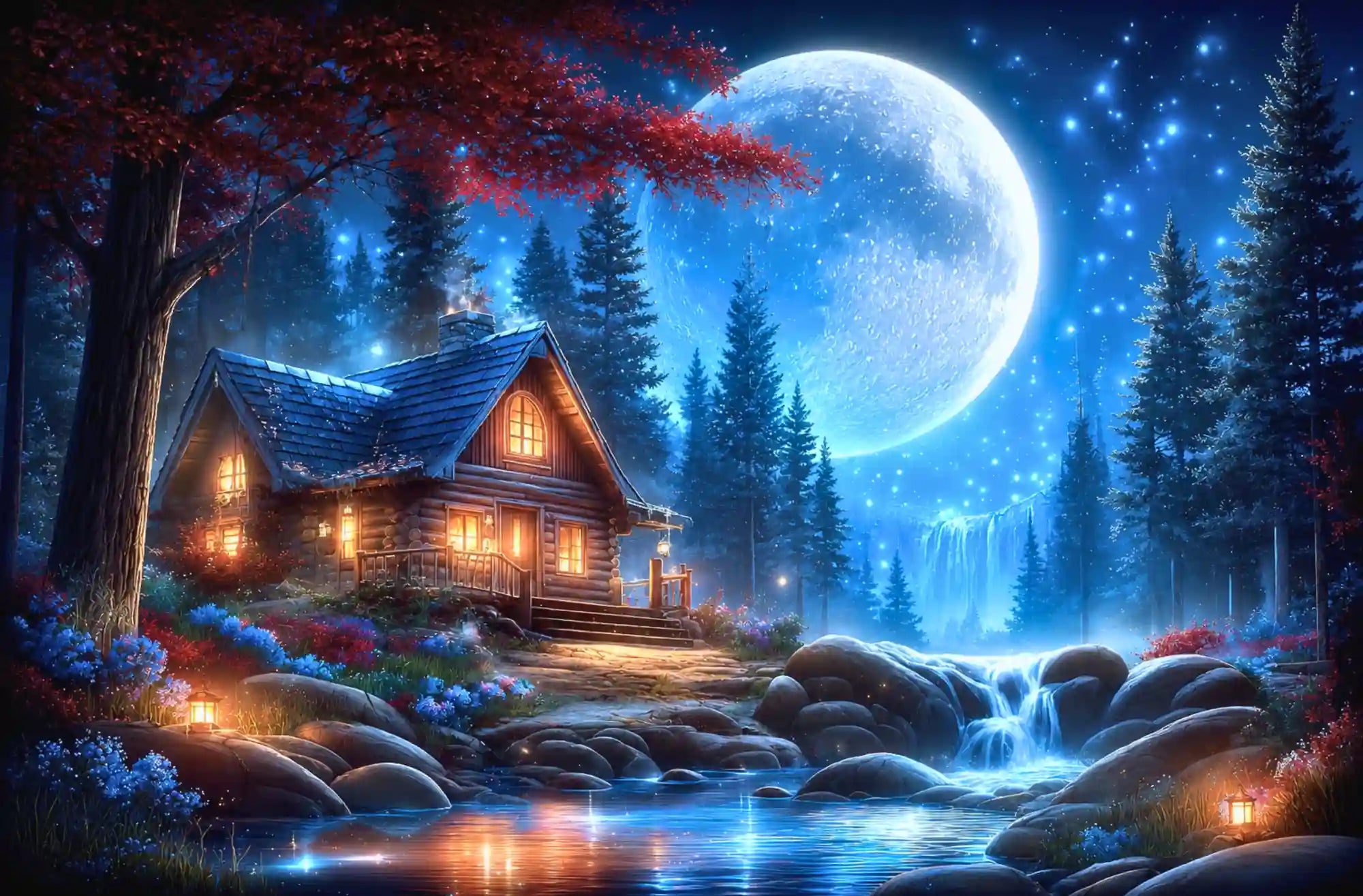 XXL Diamond Painting Set magischer Wald mit beleuchtetem Holzhaus, Wasserfall und Vollmond in nächtlicher Szenerie.