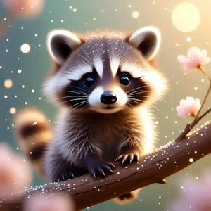 Süßes Diamond Painting Set Klettermax: Baby-Waschbär auf einem Ast mit rosa Frühlingsblüten und funkelndem Effekt.