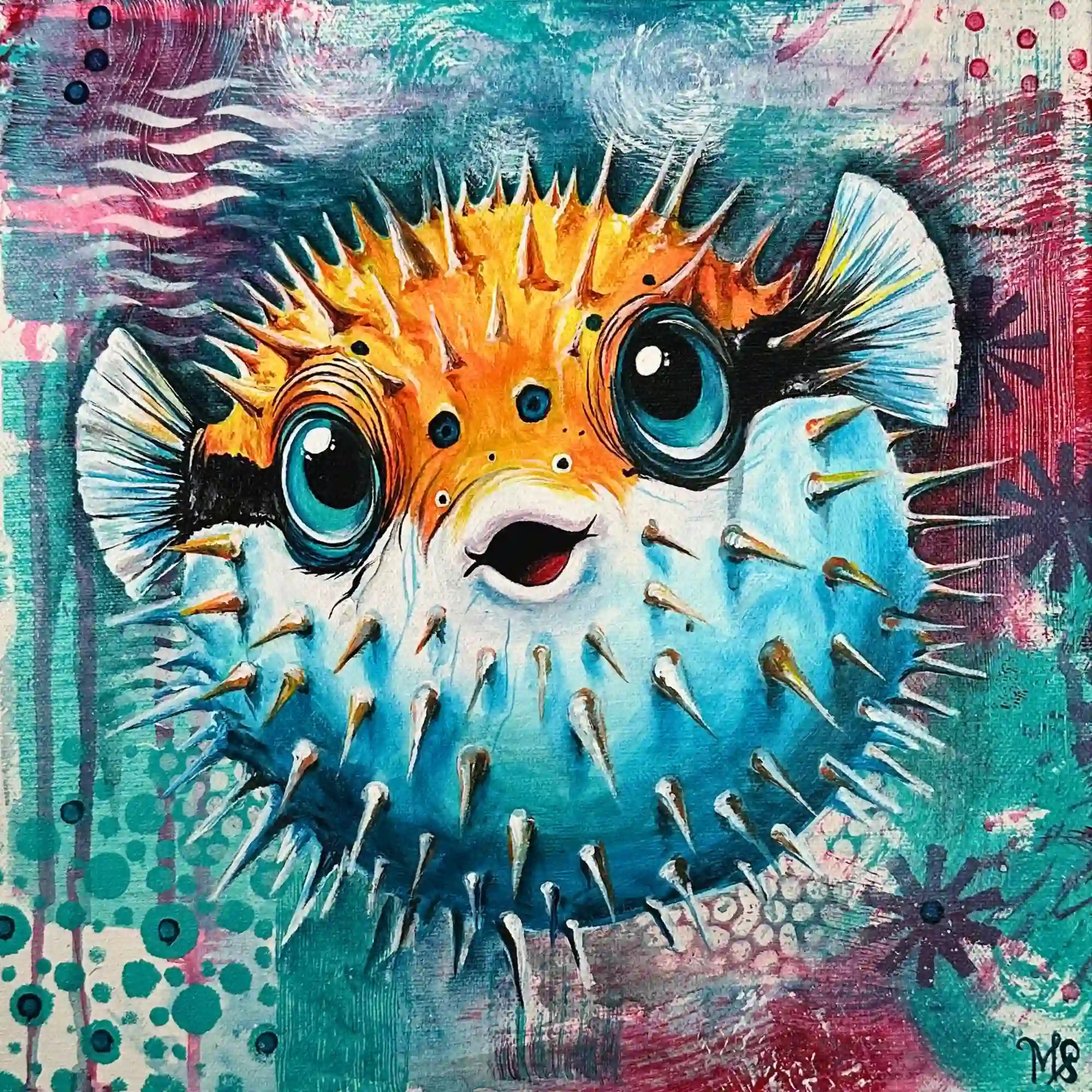Diamond Painting Set Kugelfisch in Blau und Orange mit Stacheln als farbenfrohes Unterwasser-Motiv auf 50x50cm Leinwand.