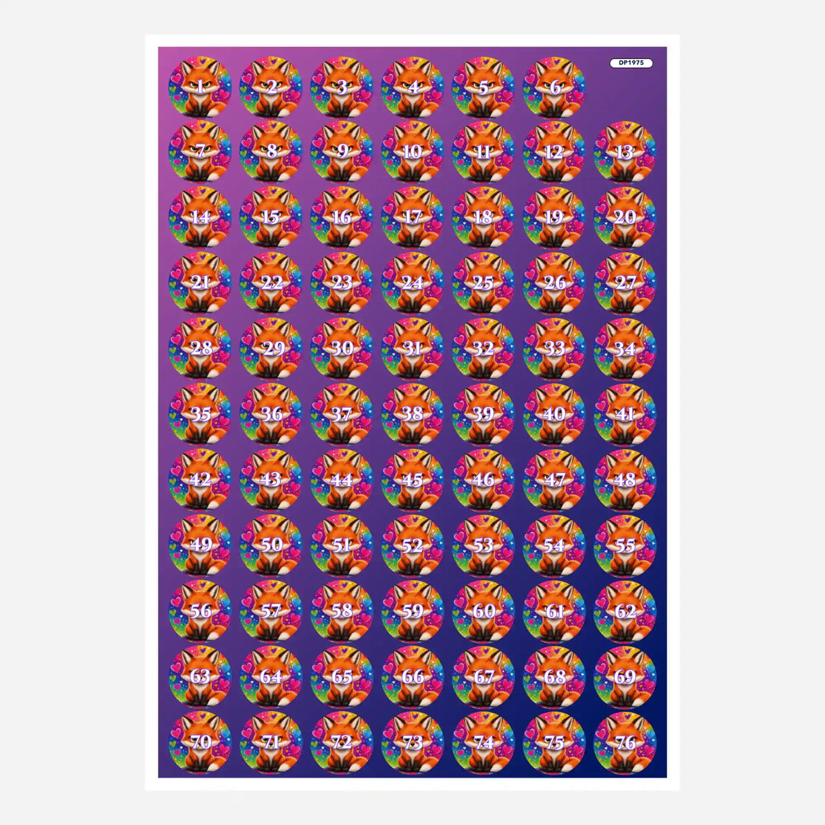 Bogen mit runden Miesefuchs-Döschenaufklebern zur praktischen Sortierung von Steinchen für dein Diamond Painting Set.