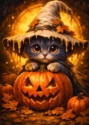 Diamond Painting Set: Niedliche Katze als Hexe mit Zauberhut auf einem leuchtenden Halloween-Kürbis im Herbstwald.