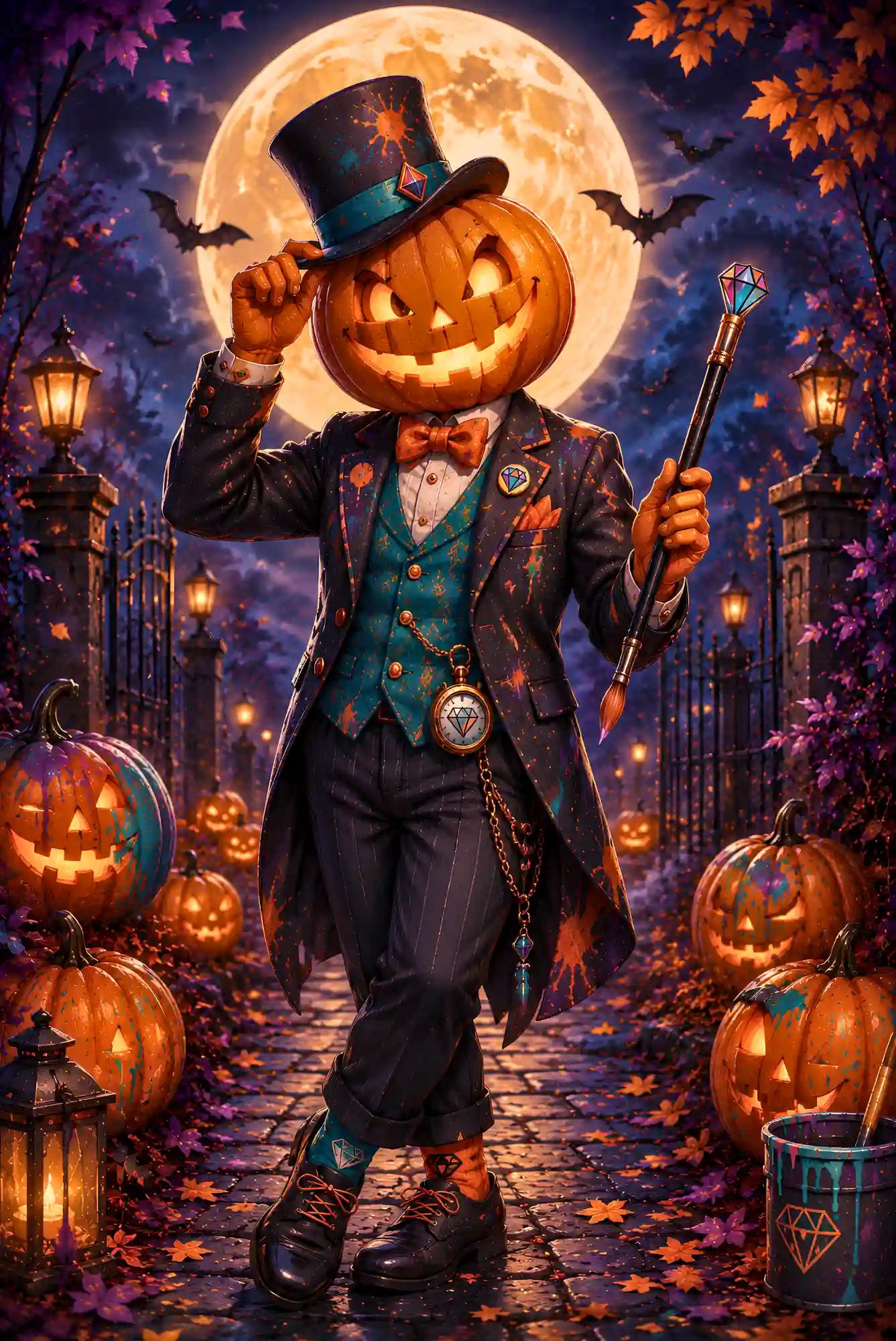 Diamond Painting Set Halloween mit Kürbiskopf-Gentleman vor Vollmond, detaillierte Glitzersteine in herbstlicher Nachtszene