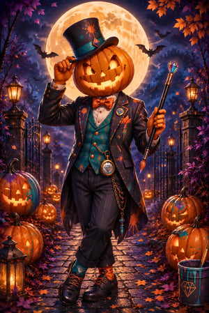 Diamond Painting Set Halloween mit Kürbiskopf-Gentleman vor Vollmond, detaillierte Glitzersteine in herbstlicher Nachtszene