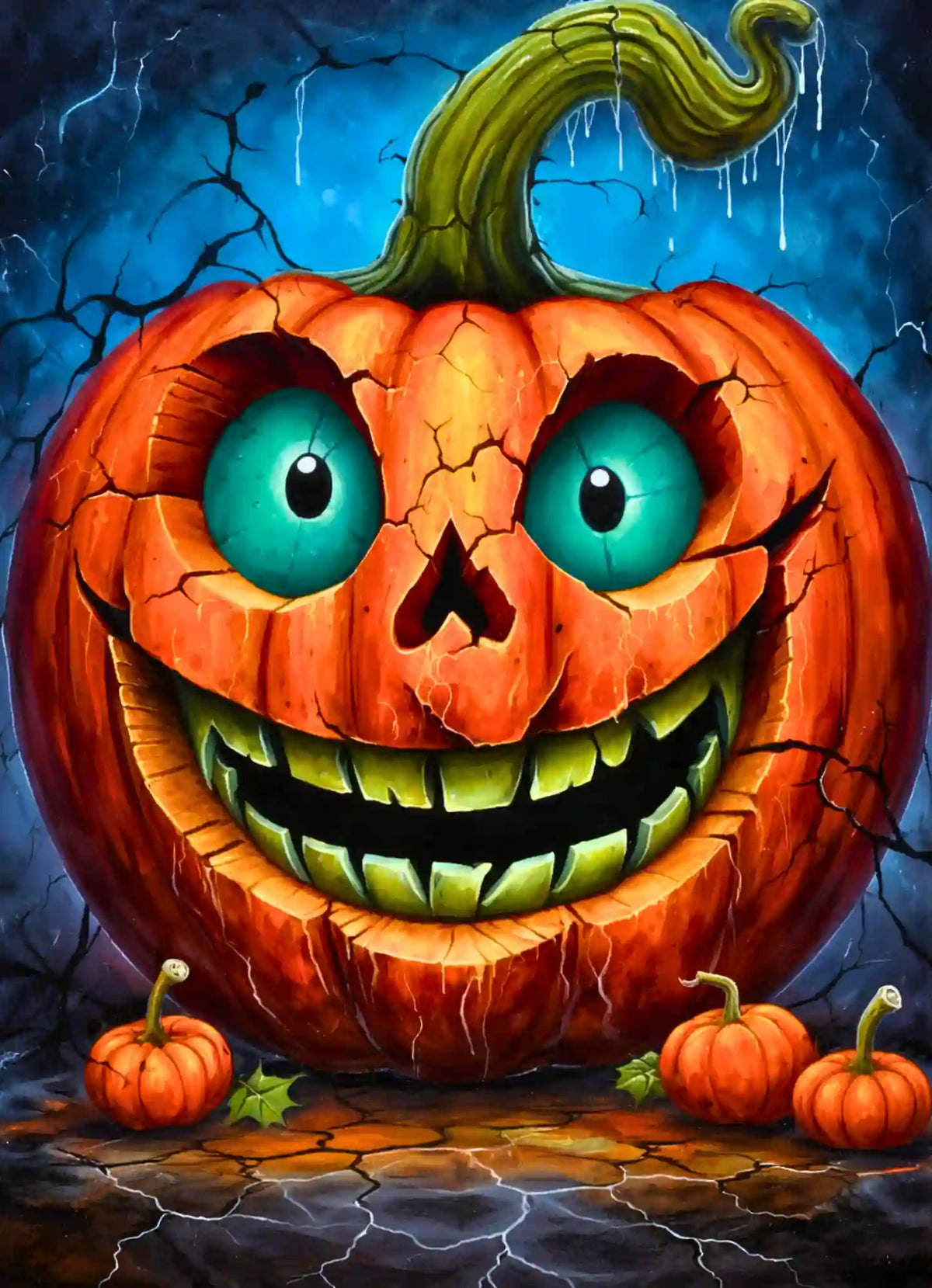 Diamond Painting Set eines gruseligen Halloweenkürbis mit leuchtenden Augen und comicartigem Lächeln in dunkler Stimmung.