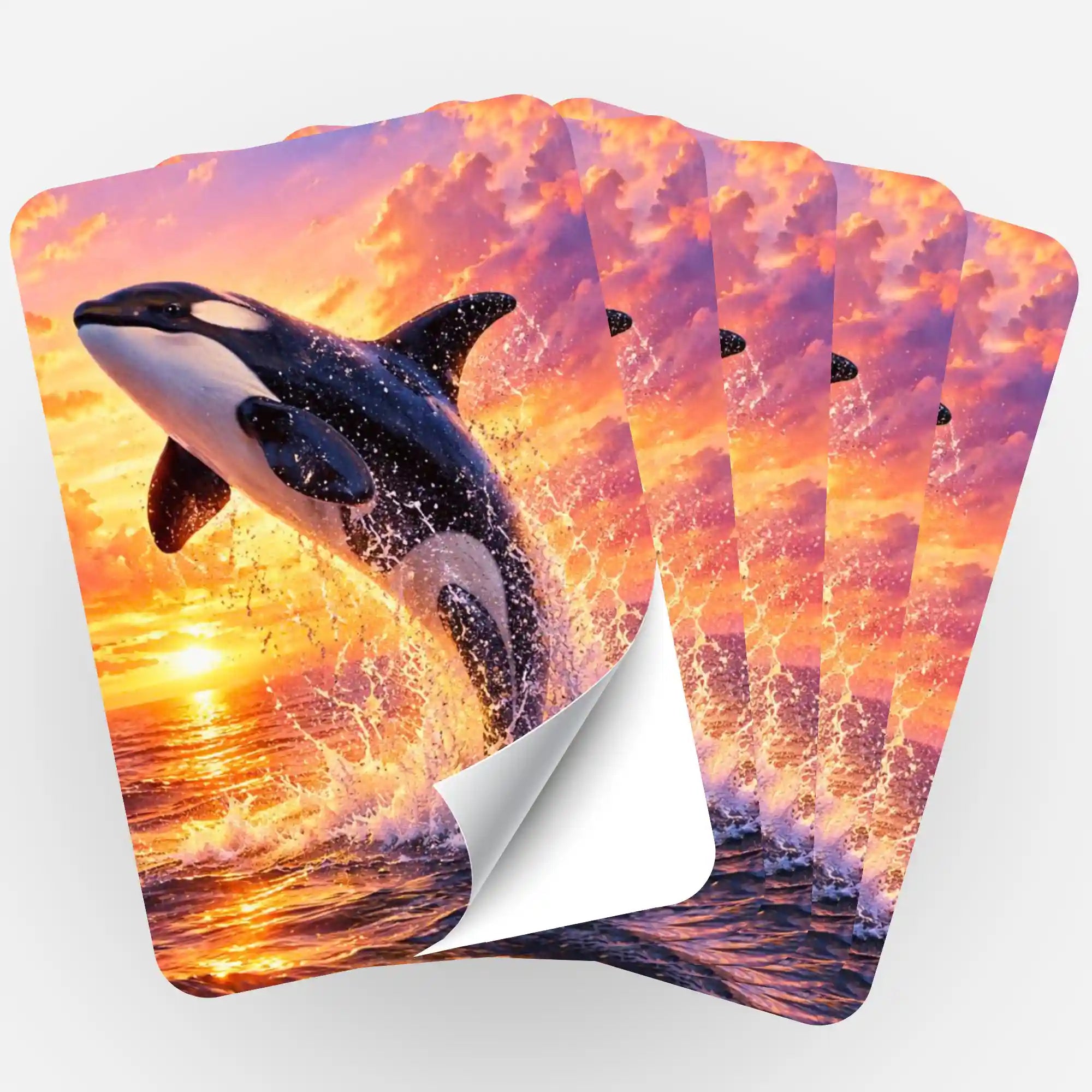 Fünfer-Set Aufkleber für Diamond Painting und Malen nach Zahlen mit springendem Orca Motiv vor buntem Sonnenuntergang.