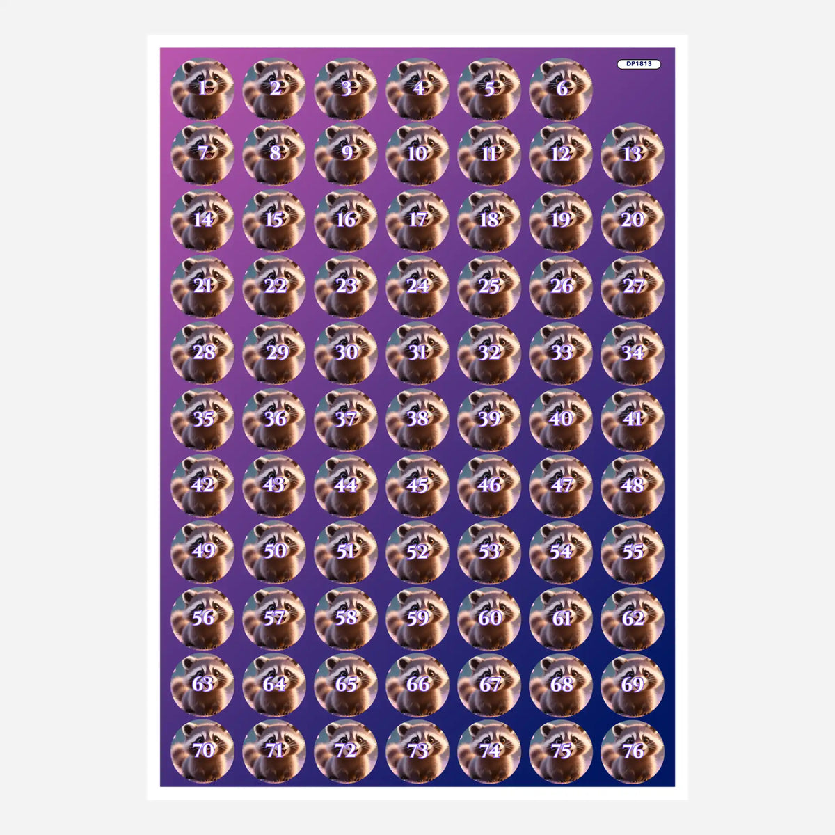 Döschenaufkleber Waschbär Purzel für Diamond Painting zur übersichtlichen Organisation von Steinfarben