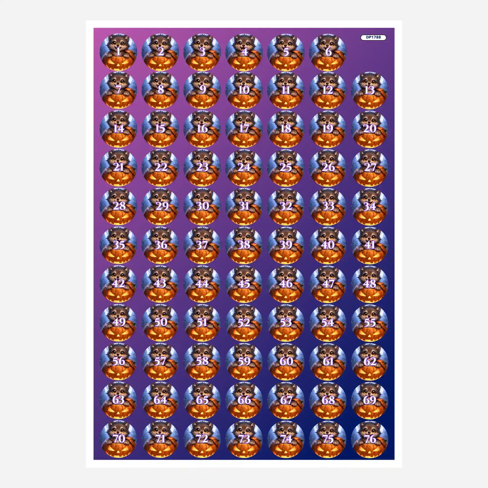 Döschenaufkleber für Diamond Painting mit buntem Mondwolf-Motiv und Halloween-Kürbissen zur Sortierung der Steinfarben