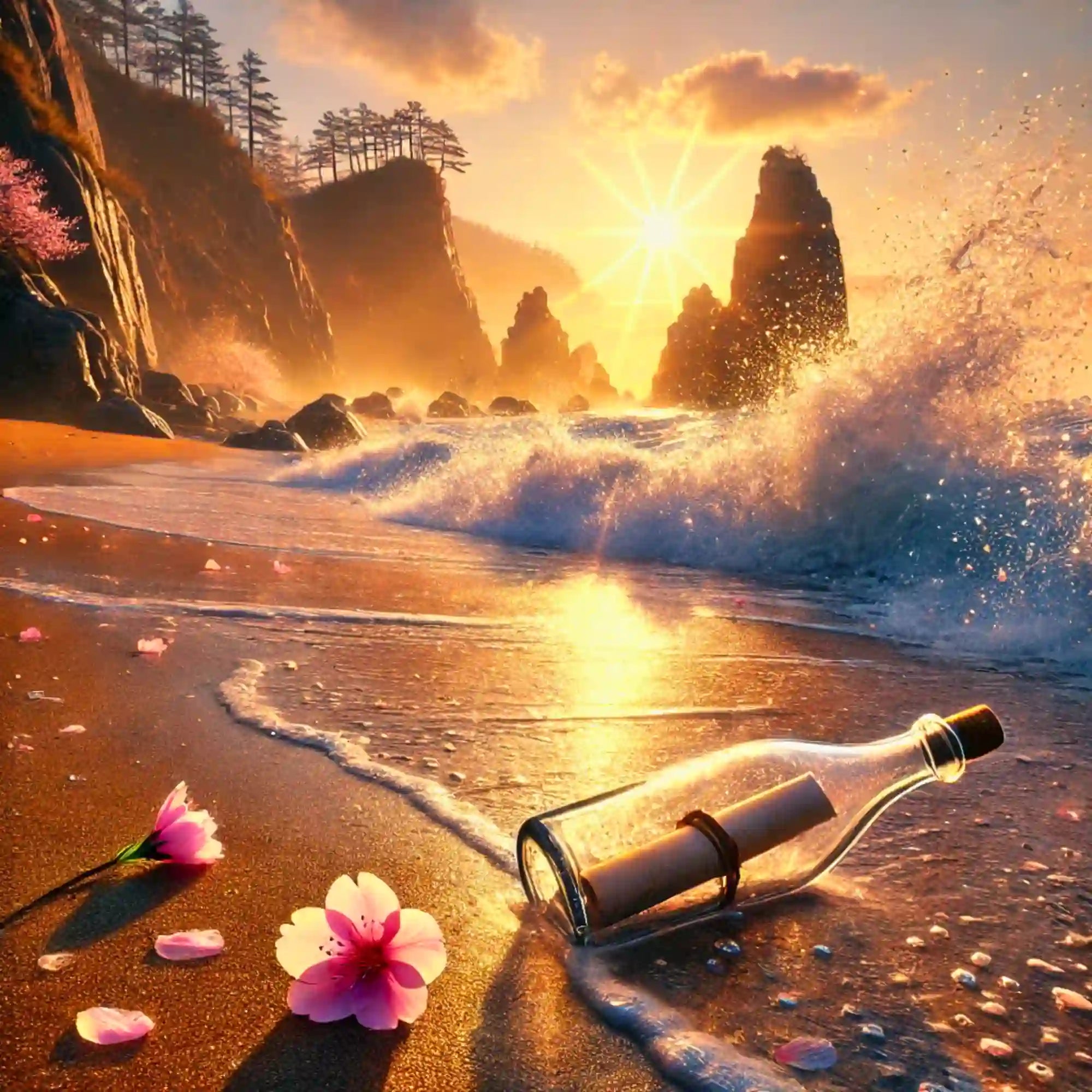 Diamond Painting Set Strand mit Flaschenpost, Kirschblüten und Meer bei Sonnenuntergang in goldener Lichtstimmung