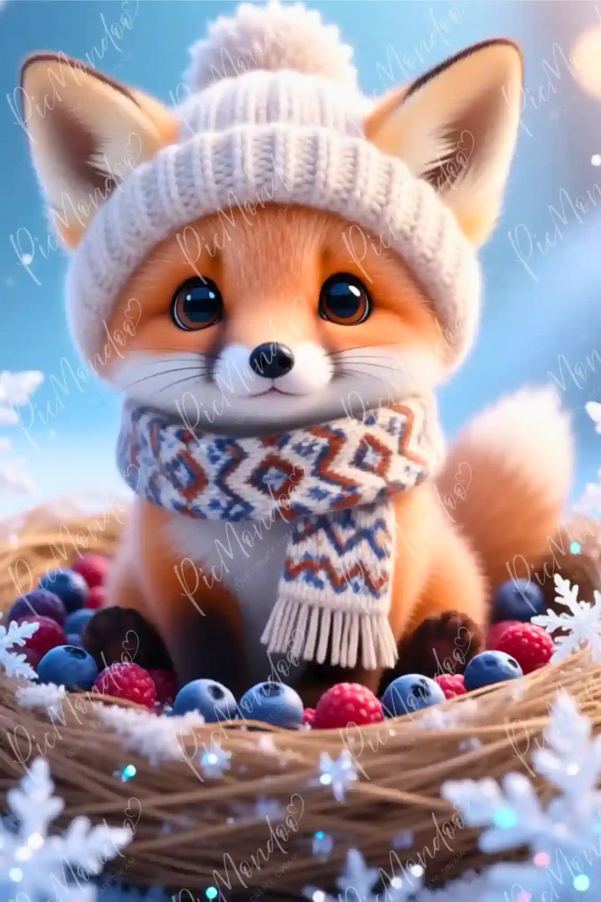 Diamond Painting: Niedlicher Fuchs mit Strickmütze und Schal im Korb voller Beeren im Schnee.