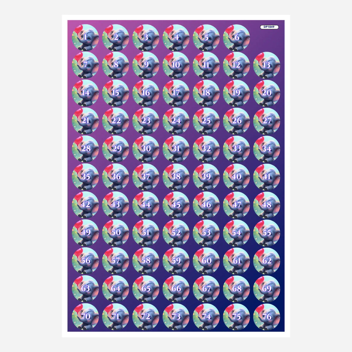 Bogen mit runden Diamond Painting Döschenaufklebern, nummeriert von 1 bis 76 mit Elefanten-Motiv zur Steinsortierung.