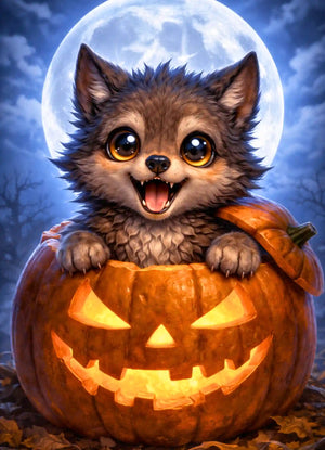 Diamond Painting Set mit niedlichem Wolfswelpen in leuchtendem Halloween-Kürbis vor Vollmond-Nacht