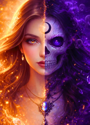 Diamond Painting Set mit mystischem Fantasy-Portrait einer Frau und Totenkopf im Kontrast von Licht und Dunkelheit.