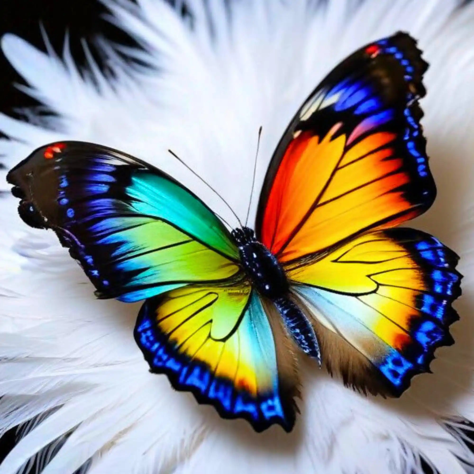 Diamond Painting Set Schmetterling mit leuchtenden Regenbogenflügeln auf weißen Federn für kreatives Basteln