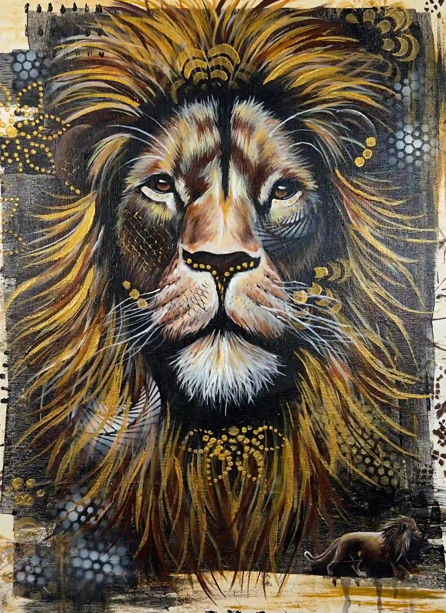 Diamond Painting Löwe mit prachtvoller goldener Mähne in Schwarz-Gold Optik, majestätisches Tierporträt als DIY-Set.