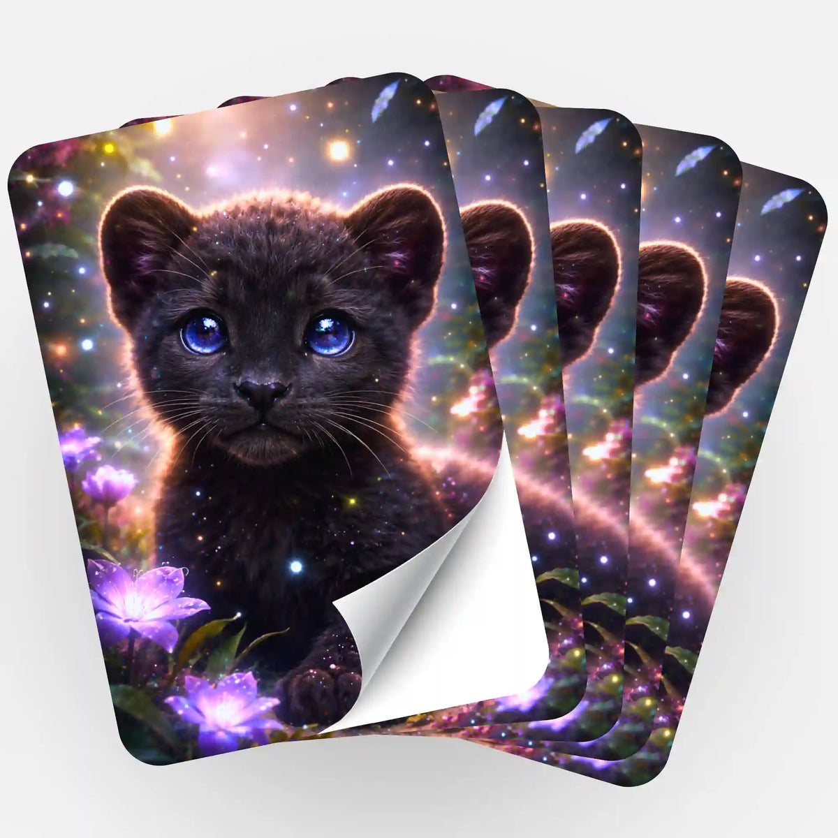 Fünfer-Set Aufkleber Ruf aus der Tiefe für Diamond Painting Fans mit einem süßen schwarzen Panther-Baby im Licht