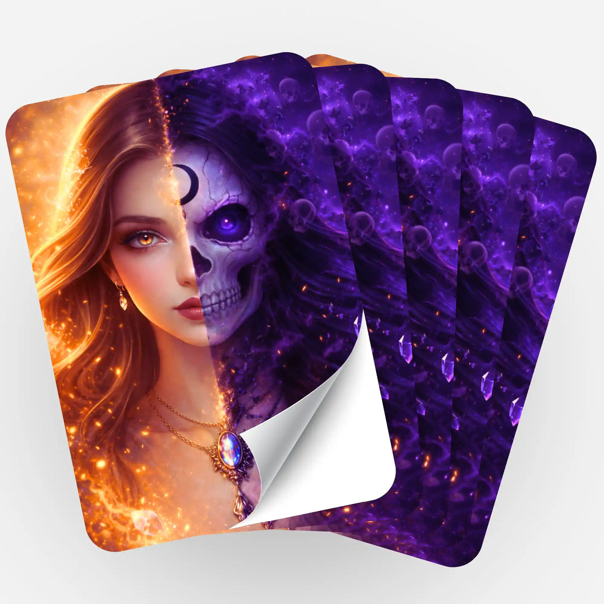 5er-Set Sticker für Diamond Painting mit Motiv Die Schönheit des Unausweichlichen, Frau mit Totenkopf-Gesichtshälfte
