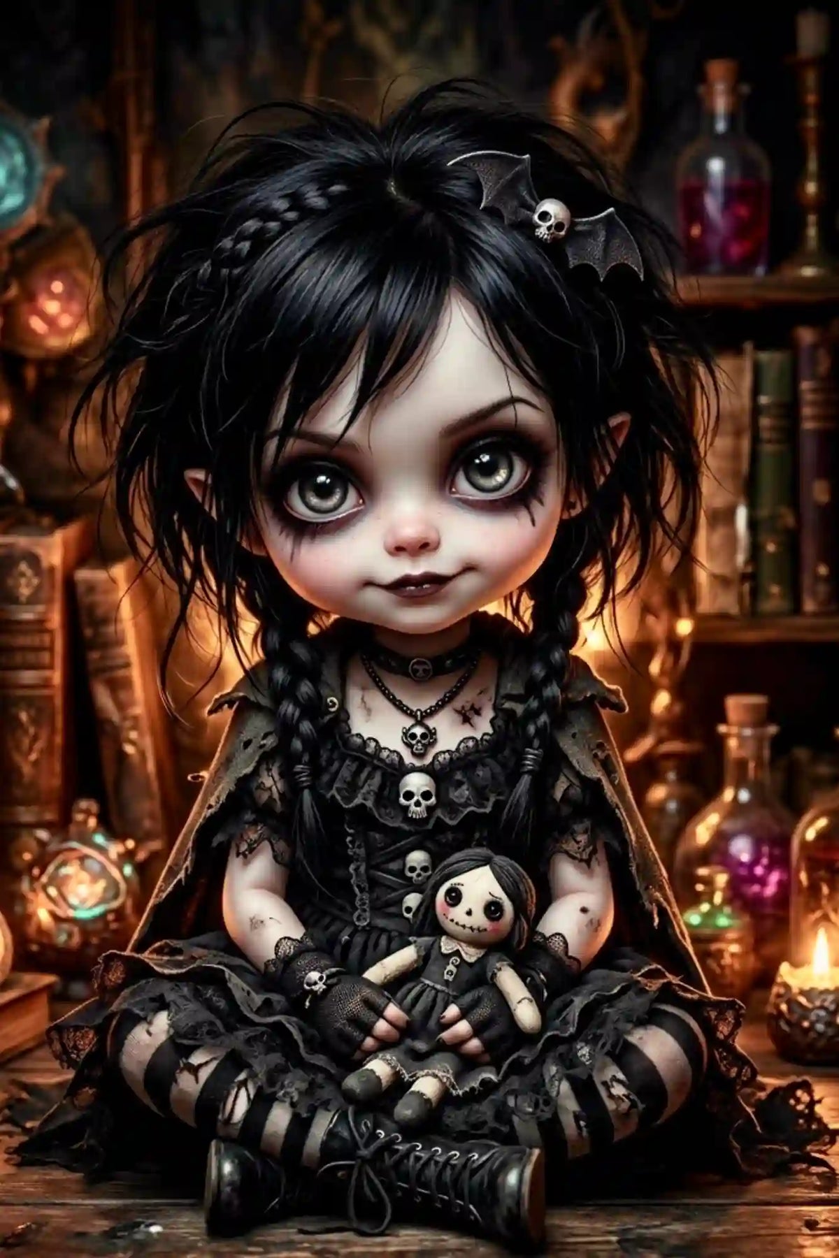Diamond Painting Set Gothic Mädchen mit Totenkopf, Stoffpuppe und Zaubertränken im Hexenzimmer, 50x75cm.