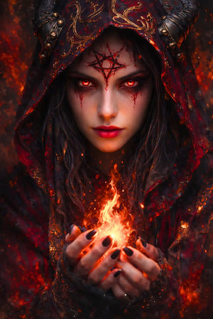 XXL Diamond Painting Lilith: Mystische Frau mit Flammen, roten Augen und Kapuze im Gothic-Stil für magisches Bastelvergnügen.