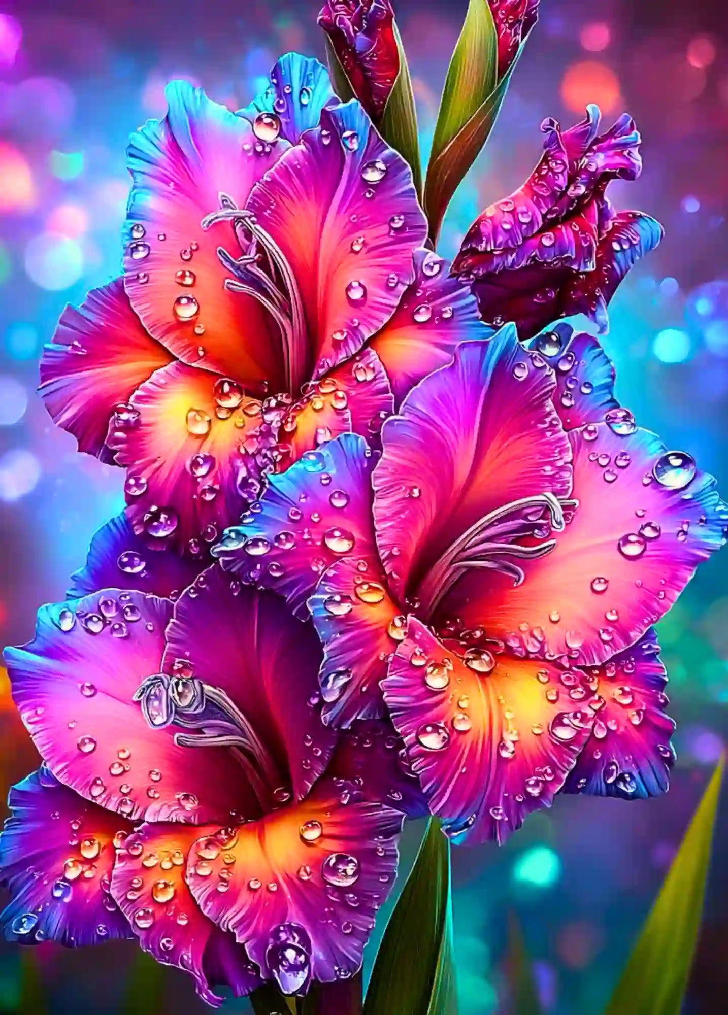 Diamond Painting Set Morgentau mit farbenfroher Gladiole, glitzernden Tautropfen auf pinken Blütenblättern