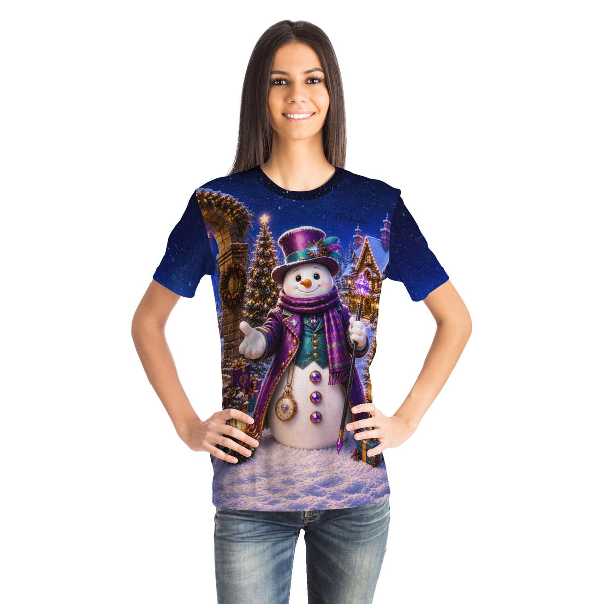 Frau trägt T-Shirt mit weihnachtlichem Schneemann-Motiv, inspiriert von Diamond Painting und Malen nach Zahlen Designs.