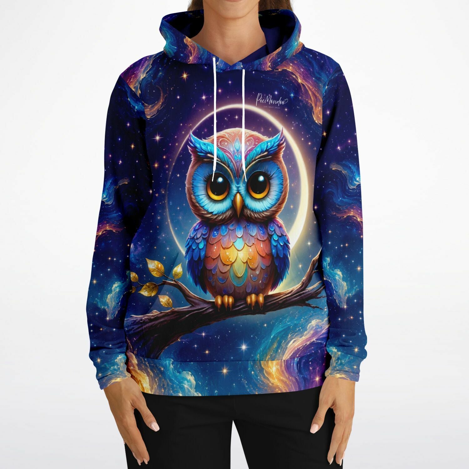 Dreamer Hoodie von Picmondoo mit farbenfrohem Eulen-Motiv Oskar vor einem galaktischen Nachthimmel im Diamond Painting Stil
