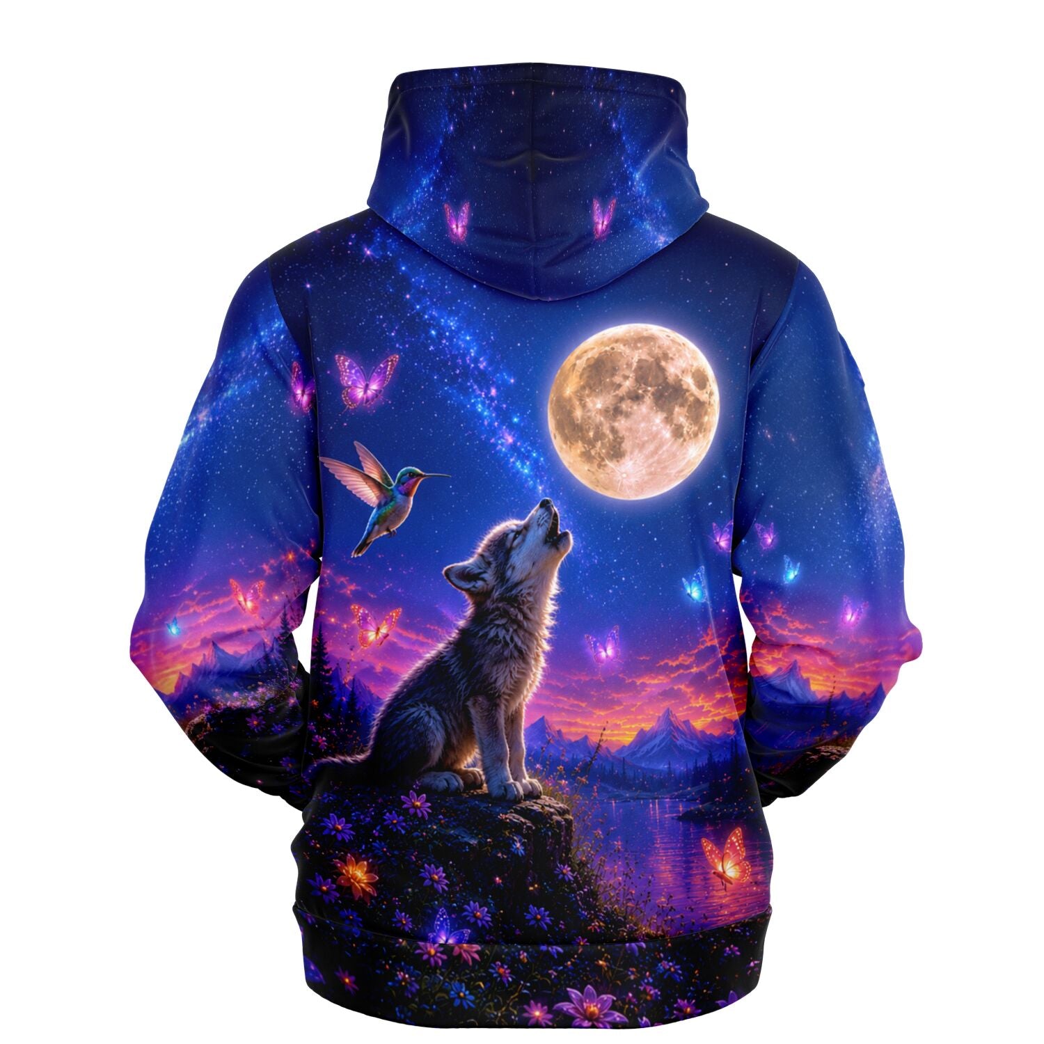 Dreamer Hoodie mit Wolf, Mond und Schmetterlingen im All-Over-Print Design für Fans von Diamond Painting und Kunst.