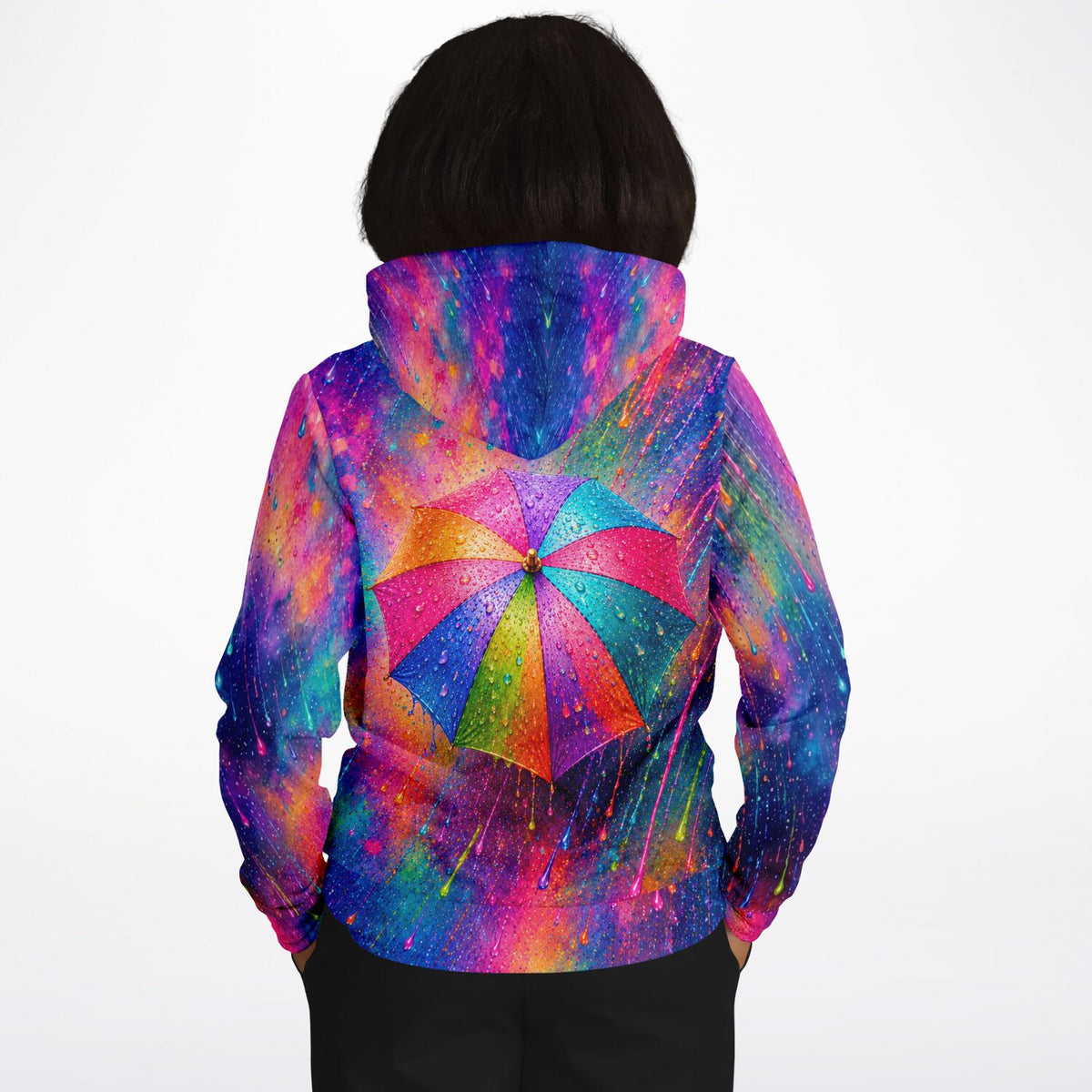 Bunter Dreamer Hoodie mit Regenbogen-Regenschirm Motiv im farbenfrohen abstrakten Design, perfekt für Kunstliebhaber.